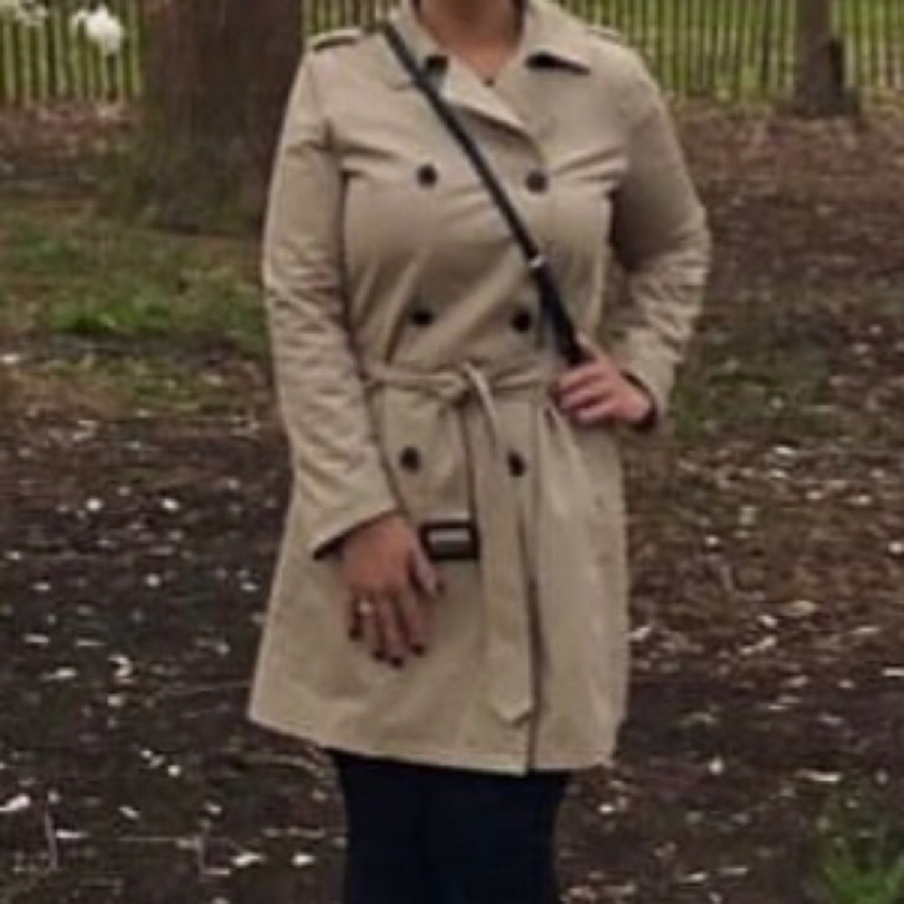 Burberry style belted tan trench coat jacket